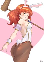 Rule 34 | 1girl, animal ears, armband, ass, back, backless outfit, bare shoulders, black pantyhose, blush, breasts, brown eyes, celica (fire emblem), chestnut mouth, deekei, earrings, fake animal ears, fake tail, fingernails, fire emblem, fire emblem echoes: shadows of valentia, hammer, heart, highres, jewelry, leotard, long hair, looking at viewer, looking back, medium breasts, nintendo, one eye closed, open mouth, orange hair, pantyhose, playboy bunny, rabbit ears, rabbit tail, sideboob, simple background, solo, strapless, strapless leotard, tail, white leotard, wrist cuffs
