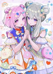 Rule 34 | 2girls, absurdres, balloon hair ornament, blush, candy hair ornament, detached sleeves, double bun, dress, floral print, food-themed hair ornament, green hair, hair bun, hair ornament, heart, heart print, highres, holding hands, hrn ohana, kusanagi nene, long hair, low-tied sidelocks, medium hair, multiple girls, ootori emu, open mouth, parted lips, pink eyes, pink hair, project sekai, purple eyes, short sleeves, smile, smile of dreamer (project sekai), two-tone bowtie, upper body, white background, white dress