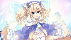 Rule 34 | 1girl, blonde hair, blue eyes, blush, book, brave neptune, dress, fairy wings, frilled sleeves, frills, game cg, hair between eyes, hair ornament, highres, histoire, long hair, looking at viewer, necktie, neptune (series), open book, open mouth, purple dress, sitting, smile, solo, thighhighs, thighs, tsunako, twintails, white thighhighs, wings