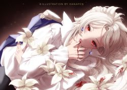 Rule 34 | 1boy, albedo (genshin impact), alternate eye color, artist name, blonde hair, blood, blue jacket, blush, braid, collared shirt, commentary, earrings, english commentary, epaulettes, eyelashes, flower, frilled sleeves, frills, genshin impact, hanapen, hand up, high collar, highres, jacket, jacket on shoulders, jewelry, long hair, long sleeves, looking at viewer, lying, male focus, mixed-language commentary, on side, open mouth, parted bangs, red eyes, shirt, sidelocks, solo, vampire, watermark, white flower, white shirt