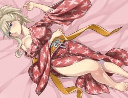 Rule 34 | 1girl, blonde hair, blue eyes, breasts, eden&#039;s zero, japanese clothes, large breasts, lying, mashima hiro, official art, ponytail, rebecca bluegarden