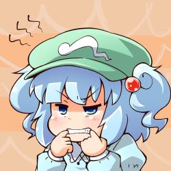 Rule 34 | 1girl, blue eyes, blue hair, clenched teeth, finger in own mouth, hair bobbles, hair ornament, hat, jinnouchi akira, kawashiro nitori, matching hair/eyes, short hair, solo, teeth, touhou, twintails, two side up