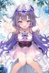 Rule 34 | 1girl, absurdres, armpits, arms up, black corset, blue brooch, blue hair, blush, breasts, collarbone, colored inner hair, corset, crown, crystal, detached collar, dress, grey hair, hair ornament, highres, hololive, hololive english, jewelry, koseki bijou, koseki bijou (1st costume), long hair, looking at viewer, medium breasts, multicolored hair, open mouth, purple eyes, purple hair, sitting, smile, solo, sugiki, teeth, thighs, upper teeth only, virtual youtuber, white dress