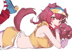 Rule 34 | 1girl, absurdres, aneco (westsea1227), animal ears, animal hands, bare arms, blush, bone-shaped pupils, braid, brown hair, clothing cutout, crop top, dog ears, dog girl, dog tail, feet up, from side, gloves, highres, hololive, inugami korone, looking at viewer, miniskirt, open mouth, paw gloves, red eyes, roller skates, shirt, simple background, skates, skirt, sleeveless, sleeveless shirt, solo, symbol-shaped pupils, tail, tail through clothes, virtual youtuber, white background, yellow shirt, yellow skirt