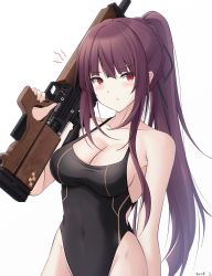 Rule 34 | 1girl, artist name, bare arms, bare shoulders, black one-piece swimsuit, breasts, bullpup, cleavage, collarbone, competition swimsuit, covered navel, frown, girls&#039; frontline, gun, hair ribbon, highres, holding, holding gun, holding weapon, keenh, large breasts, long hair, looking at viewer, name connection, notice lines, object namesake, one-piece swimsuit, ponytail, purple hair, red eyes, ribbon, rifle, sidelocks, simple background, sniper rifle, solo, swimsuit, thighs, very long hair, wa2000 (girls&#039; frontline), walther, walther wa 2000, weapon, white background
