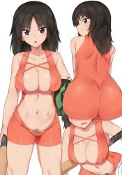 Rule 34 | 10s, 1girl, absurdres, areola slip, ass, bad id, bad pixiv id, bare shoulders, baseball bat, black eyes, black hair, blush, bodysuit, breasts, center opening, cleavage, collarbone, covered erect nipples, female pubic hair, food, from behind, fruit, girls und panzer, highres, holding, large breasts, leaning forward, legs apart, long hair, looking at viewer, looking back, multiple views, murakami (girls und panzer), navel, open mouth, orange bodysuit, parted bangs, pubic hair, revealing clothes, simple background, skin tight, standing, stomach, sweatdrop, watermelon, white background, yoi naosuke