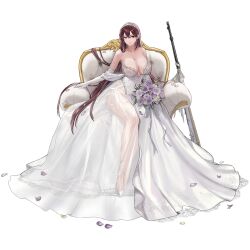 Rule 34 | 1girl, armchair, asymmetrical dress, bare shoulders, blue eyes, bouquet, breasts, brown eyes, chair, cleavage, closed mouth, collarbone, couch, covered navel, dress, earrings, elbow gloves, flower, frilled dress, frills, full body, game cg, gloves, gun, hair between eyes, heterochromia, high heels, highres, holding, holding bouquet, jewelry, lace, lace-trimmed dress, lace trim, large breasts, last origin, layered dress, leaf, leaf print, lips, long dress, long hair, looking at viewer, low neckline, mel (dodosae), necklace, official alternate costume, official art, on couch, petals, purple flower, purple rose, red hair, ribbon, rifle, rose, rose petals, see-through, see-through dress, simple background, sitting, smile, solo, strapless, strapless dress, tachi-e, third-party source, tiara, transparent background, valkyrie (last origin), very long hair, weapon, wedding dress, white dress, white flower, white footwear, white gemstone, white gloves, white ribbon, white rose
