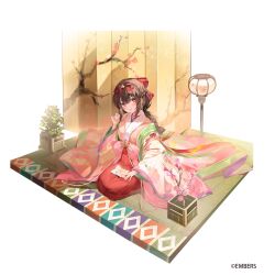 Rule 34 | 1girl, ash arms, blush, braid, brown hair, character request, cherry blossom print, cherry blossoms, company name, floral print, flower, hair ribbon, highres, japanese clothes, kanda done, kimono, looking at viewer, official art, pink flower, red eyes, red ribbon, ribbon, seiza, simple background, sitting, solo, white background