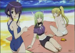 Rule 34 | 00s, 3girls, :o, ahoge, alternate hairstyle, android, arm support, ass, back, barefoot, beach, beach towel, between legs, bikini, bikini bottom only, black bikini, black eyes, blanket, bleed through, blonde hair, blue eyes, blue one-piece swimsuit, blue sky, blunt bangs, blush, bottle, breasts, casual one-piece swimsuit, cleavage cutout, clenched hands, clothing cutout, cloud, cloudy sky, crease, day, dimples of venus, doll joints, empty eyes, evangeline a.k. mcdowell, expressionless, frills, from behind, from side, green eyes, green hair, hair over eyes, hair over one eye, halterneck, hand between legs, highres, indian style, joints, karakuri chachamaru, katou masayuki, long hair, looking at viewer, looking back, lotion, mahou sensei negima!, megami magazine, miyazaki nodoka, multiple girls, navel, non-web source, ocean, official art, one-piece swimsuit, open mouth, outdoors, ponytail, public indecency, purple hair, reclining, ribbon, robot ears, robot joints, rug, scan, scan artifacts, scrunchie, short hair, side ponytail, sidelocks, sitting, sky, small breasts, sports bikini, sunscreen, surprised, swimsuit, thong, thong bikini, topfreedom, topless, towel, turtleneck, vampire, water, white bikini, yokozuwari