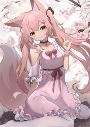 Rule 34 | 1girl, absurdres, animal ear fluff, animal ears, bare shoulders, black choker, bow, branch, breasts, cherry blossoms, choker, closed mouth, clothing cutout, collarbone, dress, flower, fox ears, fox girl, fox tail, green eyes, hair between eyes, hair flower, hair ornament, hairclip, head tilt, highres, hinata (user rjkt4745), long hair, looking at viewer, no shoes, original, pink dress, pink flower, pink hair, puffy short sleeves, puffy sleeves, red bow, short sleeves, shoulder cutout, sitting, small breasts, smile, solo, tail, thighhighs, twintails, very long hair, wariza, white flower, white thighhighs, wrist cuffs
