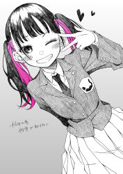 Rule 34 | 1girl, :d, akakage red, blazer, blunt bangs, blush, buttoned cuffs, buttons, collared shirt, ear piercing, earrings, emblem, gradient background, greyscale, hair tie, hand up, happy, hatching (texture), jacket, jewelry, kashiro (ruri dragon), lapels, linear hatching, long sleeves, monochrome, multicolored hair, necktie, notched lapels, one eye closed, open mouth, piercing, pink hair, pleated skirt, raised eyebrow, ruri dragon, school uniform, shirt, skirt, smile, solo, spot color, tears, translation request, twintails, two-tone hair, v, v over eye