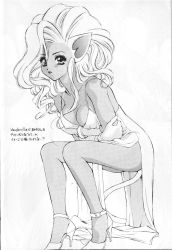 Rule 34 | 1girl, animal ears, big hair, breast press, breasts, buckle, cat ears, cat girl, cat tail, crossed arms, dress, elbow gloves, felicia (vampire), formal, gloves, greyscale, high heels, highres, houruri, large breasts, leaning forward, legs, lipstick, long hair, makeup, midnight bliss, monochrome, retro artstyle, scan, sitting, solo, tail, vampire (game), wavy hair