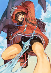 Rule 34 | 1girl, anchor, backpack, bag, bare legs, bike shorts, black shorts, blue sky, brown eyes, brown hair, cloud, cloudy sky, from above, guilty gear, guilty gear strive, hat, holding, holding weapon, hungry clicker, jacket, may (guilty gear), open mouth, orange hat, orange jacket, pirate, pirate hat, shorts, simple background, skull and crossbones, sky, smile, solo, splashing, water, weapon