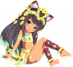 Rule 34 | 1girl, animal ears, ankle lace-up, anklet, armlet, bare shoulders, barefoot, bastet (p&amp;d), black hair, bracelet, cat ears, cat tail, circlet, cross-laced footwear, dark-skinned female, dark skin, egyptian, fang, full body, green eyes, hair ornament, halterneck, head tilt, jewelry, long hair, looking at viewer, lots of jewelry, midriff, navel, necklace, nekotechno, open mouth, puzzle &amp; dragons, simple background, sitting, skirt, solo, tail, tsurime, white background