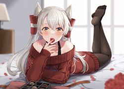 Rule 34 | 1girl, amatsukaze (kancolle), black pantyhose, blush, brown sweater, chocolate, feet, fingernails, hair between eyes, hair tubes, kantai collection, lamp, long hair, long sleeves, lying, natsume (natsume melio), off-shoulder sweater, off shoulder, on stomach, open mouth, pantyhose, silver hair, solo, sweater, the pose, two side up, valentine, window, yellow eyes