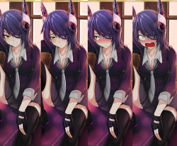 Rule 34 | 10s, 1girl, :o, absurdres, black gloves, black thighhighs, blush, breasts, cleavage, embarrassed, eyepatch, fang, frown, gloves, headgear, highres, kantai collection, large breasts, light particles, looking at viewer, multiple views, partially fingerless gloves, purple hair, reki (dezuko), school uniform, short hair, sitting, skirt, smile, tenryuu (kancolle), thighhighs, variations, wavy mouth, window, yellow eyes