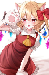 Rule 34 | 1girl, absurdres, animal ears, animal hands, ascot, blonde hair, cat ears, cat girl, cowboy shot, crystal wings, dress, fang, flandre scarlet, frills, gloves, hair ribbon, highres, naarsann, open mouth, paw gloves, puffy short sleeves, puffy sleeves, red dress, red ribbon, ribbon, short sleeves, simple background, solo, touhou, white background, yellow ascot