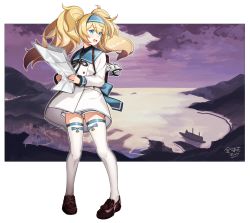 Rule 34 | 1girl, artist name, bag charm, blonde hair, blue eyes, charm (object), commentary request, crying, crying with eyes open, escort water princess, full body, gambier bay (kancolle), hairband, highres, kantai collection, kinsenka momi, loafers, long hair, long sleeves, looking away, neck ribbon, open mouth, ribbon, sailor collar, shoes, shorts, solo, standing, tears, thighhighs, twintails, white background, white thighhighs