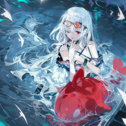 1girl, alchemaniac, arknights, bare shoulders, commentary, eyewear on head, hand up, highres, inflatable orca, inflatable toy, no hat, no headwear, off-shoulder shirt, off shoulder, one eye closed, parted lips, red eyes, shirt, silver hair, skadi (arknights), skadi (waverider) (arknights), solo, sunglasses, water, white shirt
