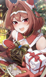 Rule 34 | 1girl, absurdres, animal ears, bare shoulders, blurry, blurry background, blush, box, breasts, brown hair, christmas, cleavage, daiwa scarlet (scarlet nuit etoile) (umamusume), daiwa scarlet (umamusume), dress, ear covers, fang, gift, gift box, gloves, hair intakes, highres, holding, holding gift, horse ears, horse girl, large breasts, looking at viewer, medium breasts, ra mun5239, red dress, red eyes, red gloves, solo, teeth, tiara, umamusume, upper body