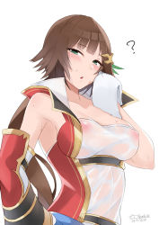 Rule 34 | 1girl, ?, bare shoulders, blush, breasts, brown hair, covered erect nipples, detached sleeves, gauntlets, granblue fantasy, green eyes, hair ornament, highres, large breasts, leona (granblue fantasy), long hair, looking at viewer, open mouth, see-through, single gauntlet, solo, surock, sweat, towel, very long hair