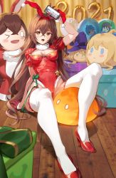 Rule 34 | &gt; o, 0 0, 1girl, 2021, 2boys, 4girls, absurdres, amber (genshin impact), animal ears, arm support, arm up, barbara (genshin impact), blush, bow, breasts, brown eyes, brown hair, cellphone, character doll, christmas, commentary, english commentary, fake animal ears, female focus, frilled thighhighs, frills, fur collar, genshin impact, gift, gloves, green bow, hair bow, high heels, highres, holding, holding phone, indoors, jacket, jean (genshin impact), kaeya (genshin impact), ko-ma, leaning back, leotard, lisa (genshin impact), long hair, looking at viewer, medium breasts, multiple boys, multiple girls, one eye closed, open mouth, phone, playboy bunny, rabbit ears, red footwear, red gloves, red jacket, red leotard, santa costume, santa gloves, santa leotard, shadow, short sleeves, shrug (clothing), sitting, slime (creature), slime (genshin impact), smartphone, solo, solo focus, star (symbol), strapless, strapless leotard, sweatdrop, thighhighs, venti (genshin impact), very long hair, white thighhighs, wooden floor