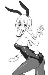 Rule 34 | 1girl, animal ears, blush, breasts, fake animal ears, greyscale, large breasts, leotard, long hair, monochrome, pantyhose, playboy bunny, rabbit ears, rabbit tail, simple background, solo, tail, white background, zaxwu