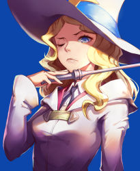 Rule 34 | 10s, 1girl, blonde hair, blue eyes, diana cavendish, hat, holding, holding wand, little witch academia, long hair, looking at viewer, mool yueguang, one eye closed, simple background, solo, upper body, wand, white hat