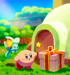 Rule 34 | :o, aruco co, blue eyes, blue sky, blurry, blurry background, blush, blush stickers, box, closed eyes, commentary request, day, door, elfilin, gift, gift box, grass, highres, house, kirby, kirby&#039;s house, kirby (series), kirby and the forgotten land, light rays, nintendo, no humans, open mouth, outdoors, sky, standing, star (symbol), sunlight, tiptoes, tree