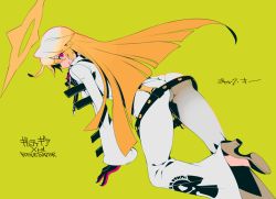 Rule 34 | 1girl, 8055, ass, black gloves, blonde hair, character name, spiked halo, copyright name, gloves, gradient hair, green background, guilty gear, guilty gear xrd, halo, high heels, jack-o&#039; valentine, long hair, multicolored hair, red eyes, simple background, solo