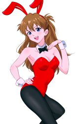 Rule 34 | 1girl,  rabbit, absurdres, alternate costume, animal ears, bare shoulders, black leotard, blue eyes, blush, bow, bowtie, breasts, brown hair, chinese zodiac, cleavage, covered navel, dated, detached collar, evangelion: 3.0+1.0 thrice upon a time, fake animal ears, fake tail, female focus, hair between eyes, hairband, highres, leotard, long hair, looking at viewer, medium breasts, neon genesis evangelion, open mouth, pantyhose, playboy bunny, rabbit ears, rabbit tail, rebuild of evangelion, red nails, signature, smile, solo, souryuu asuka langley, strapless, strapless leotard, tail, thighs, transparent background, tsunemoku, wrist cuffs