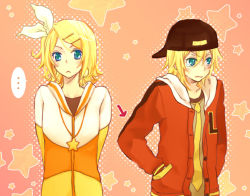 Rule 34 | 1boy, 1girl, aqua eyes, backwards hat, bad id, bad pixiv id, baseball cap, blonde hair, brother and sister, casual, hair ornament, hairclip, hand in pocket, hat, hood, hoodie, jewelry, juvenile (vocaloid), kagamine len, kagamine rin, necklace, necktie, p satoko, siblings, twins, vocaloid, yellow necktie
