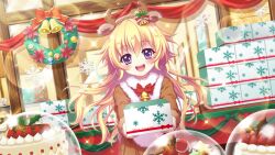 Rule 34 | 1girl, animal costume, antlers, bell, blonde hair, blush, bow, bowtie, brick wall, cake, christmas wreath, dot nose, dutch angle, figure, film grain, food, game cg, hasegawa mii, hat, horns, incoming gift, izumi tsubasu, lens flare, long hair, long sleeves, looking at viewer, merry christmas, non-web source, official art, open mouth, painting (object), purple eyes, re:stage!, red bow, red bowtie, reindeer antlers, reindeer costume, santa hat, smile, snowflake print, solo, sparkle, sparkling eyes, star (symbol), straight-on, strawberry cake, teeth, upper teeth only, window, wooden beam, wreath
