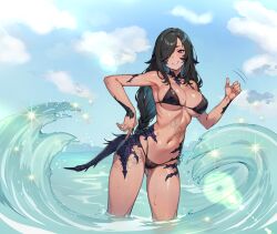 Rule 34 | 1girl, au ra, warrior of light (ff14), bikini, black bikini, black hair, breasts, commentary, commission, dark-skinned female, dark skin, day, dragon horns, dragon tail, english commentary, final fantasy, final fantasy xiv, hair over one eye, horns, jamjamstyle, large breasts, leg tattoo, long hair, looking at viewer, navel, outdoors, red eyes, scales, smile, solo, stomach tattoo, swimsuit, tail, tattoo, water