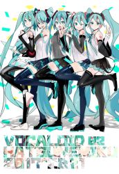 Rule 34 | 5girls, :p, aqua eyes, aqua hair, aqua nails, aqua neckwear, bare shoulders, barefoot, belt, black legwear, black skirt, black sleeves, boots, commentary, confetti, copyright name, detached sleeves, from side, full body, grey shirt, hair ornament, hand up, hatsune miku, hatsune miku (append), hatsune miku (nt), hatsune miku (vocaloid3), hatsune miku (vocaloid4), headphones, headset, higasizora-kai, hip gear, layered sleeves, leg up, light frown, lineup, long hair, looking at viewer, miniskirt, multiple girls, multiple persona, nail polish, neck ribbon, necktie, one eye closed, piapro, pleated skirt, ribbon, shadow, shirt, shoulder tattoo, skirt, sleeveless, sleeveless shirt, smile, standing, standing on one leg, tattoo, thigh boots, thighhighs, tongue, tongue out, twintails, v, v4x, very long hair, vocaloid, vocaloid append, w, white background, white shirt, white sleeves, zettai ryouiki