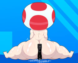 Rule 34 | 1boy, ass, ass focus, bare back, between buttocks, blue background, colored skin, controller, from behind, game controller, huge ass, male focus, mario (series), mushroom boy, nintendo, nude, senor9, sitting, solo, solo focus, split, sweat, thick thighs, thighs, toad (mario), toes, white skin, wii remote