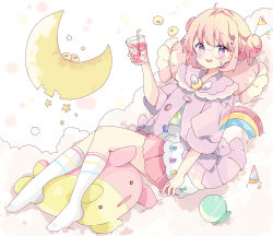Rule 34 | 1girl, bad id, bad pixiv id, bendy straw, blonde hair, blush, commentary, crescent, cup, double bun, drinking glass, drinking straw, full body, grey eyes, hair bun, hand up, highres, holding, holding cup, jacket, looking at viewer, no shoes, original, pillow, pink skirt, pleated skirt, purple-framed eyewear, purple jacket, rainbow, shirt, skirt, smile, socks, solo, striped clothes, striped legwear, striped socks, stuffed animal, stuffed toy, symbol-only commentary, tsukiyo (skymint), white legwear, white shirt