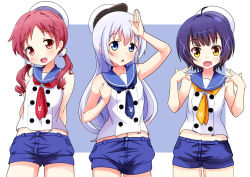 Rule 34 | 3girls, :d, :o, arm up, arms behind back, bad id, bad pixiv id, bare shoulders, beret, blue eyes, blue hair, blue neckerchief, blue sailor collar, blue shorts, border, chimame-tai, commentary request, cowboy shot, flat chest, gochuumon wa usagi desu ka?, hair ornament, hair scrunchie, hairclip, hat, jouga maya, kafuu chino, light blue hair, long hair, looking at viewer, matching outfits, midriff, multiple girls, naruse mai, natsu megumi, navel, neckerchief, open mouth, outside border, peaked cap, red eyes, red hair, red neckerchief, sailor collar, scrunchie, shirt, short hair, short shorts, shorts, sleeveless, sleeveless shirt, smile, standing, twintails, two-tone background, white border, white hat, white shirt, x hair ornament, yellow eyes, yellow neckerchief