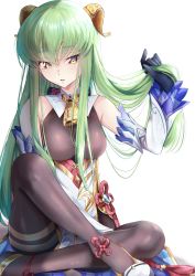 Rule 34 | 1girl, absurdres, backless outfit, bare shoulders, black bodysuit, blue gloves, bodysuit, breasts, budgiepon, c.c., code geass, cosplay, detached sleeves, flower knot, ganyu (genshin impact), ganyu (genshin impact) (cosplay), genshin impact, gloves, goat horns, green hair, hand in own hair, highres, horns, large breasts, long hair, looking at viewer, parted lips, simple background, sitting, solo, white background, yellow eyes