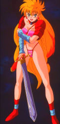 Rule 34 | 1990s (style), 1girl, armor, bikini armor, blonde hair, blue eyes, bracer, braid, breasts, bruise, holding, holding sword, holding weapon, injury, long hair, princess minerva, retro artstyle, revealing clothes, screencap, sword, third-party edit, weapon