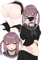 Rule 34 | 1girl, absurdres, all fours, animal ears, ass, bad id, bad pixiv id, black choker, black neckerchief, black sailor collar, black serafuku, black shirt, black skirt, blunt bangs, blush, breasts, cellphone, choker, clothes pull, face filter, fake animal ears, fake whiskers, groin, hair ornament, hairclip, highres, holding, holding phone, long hair, long sleeves, looking at viewer, lows., mask, mask pull, medium breasts, mouth mask, multiple tails, navel, neckerchief, open mouth, original, panties, panty pull, phone, purple eyes, sailor collar, school uniform, serafuku, shirt, sidelocks, simple background, skirt, skirt pull, smartphone, tail, thighhighs, tongue, tongue out, twintails, underwear, white background, white panties, white thighhighs, x hair ornament