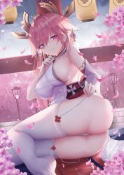 Rule 34 | 1girl, absurdres, ass, bad id, bad pixiv id, breasts, closed mouth, flower, garter straps, genshin impact, hair ornament, highres, japanese clothes, long hair, long sleeves, looking at viewer, miko, petals, pink hair, purple eyes, rain, sideboob, solo, thighhighs, thighs, turbulence, white thighhighs, yae miko