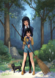 Rule 34 | 10s, 2girls, :d, animal, bare legs, behind another, black cat, black hair, black legwear, blazer, broom, brown footwear, bush, cat, chito (flying witch), closed mouth, collared shirt, dappled sunlight, dress shirt, flying witch, grass, green eyes, hand on another&#039;s arm, height difference, highres, holding, holding another&#039;s arm, holding broom, hug, hug from behind, jacket, kowata makoto, kuramoto chinatsu, legs apart, loafers, long hair, long sleeves, looking at viewer, md5 mismatch, miniskirt, multiple girls, necktie, open mouth, outdoors, overalls, pantyhose, pinakes, plaid, plaid skirt, pleated skirt, red necktie, resolution mismatch, rock, school uniform, shade, shirt, shoes, skirt, smile, source larger, standing, sunlight, tree, twintails, white shirt, yellow footwear