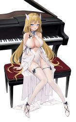Rule 34 | 1girl, :o, absurdres, bare shoulders, blonde hair, blue eyes, breasts, bridal gauntlets, brooch, cleavage, commission, dress, earrings, garter straps, grand piano, hairband, head wings, high heels, highres, instrument, jewelry, knees together feet apart, large breasts, long hair, looking at viewer, low twintails, mole, mole on breast, mole under eye, no bra, no panties, open mouth, original, pelvic curtain, piano, sbbs, second-party source, simple background, sitting, sleeveless, sleeveless dress, soitsu (alb), solo, thighhighs, thighs, twintails, very long hair, white background, white dress, white footwear, white thighhighs, wings