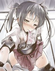 Rule 34 | 10s, 1girl, bad id, bad pixiv id, black hair, blush, brown eyes, condom, condom in mouth, condom packet strip, condom wrapper, fukai ryosuke, hair ribbon, japanese clothes, kantai collection, long hair, looking at viewer, mouth hold, muneate, personification, ribbon, skirt, sweat, thighhighs, twintails, zuikaku (kancolle)