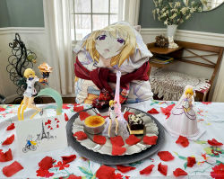 Rule 34 | 2d dating, alcohol, apron, blonde hair, bottle, bouquet, bridal gauntlets, bridal veil, bride, cake, character request, commentary, contrapposto, copyright request, creme brulee, dakimakura (object), dessert, dress, eiffel tower, english commentary, figure, floral print, flower, food, highres, holding, holding bouquet, maid, maid apron, medium hair, petals, photo (medium), pillow, plate, purple eyes, red flower, red scarf, scarf, seat, shoes, tablecloth, tagme, valentine, veil, wedding dress, white dress, white flower, wine, wine bottle
