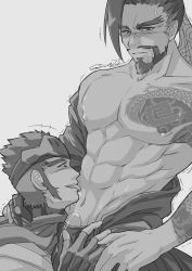 Rule 34 | 2boys, abs, age difference, brothers, cum, erection, family, genji (overwatch), hanzo (overwatch), incest, licking, male focus, monochrome, multiple boys, muscular, overwatch, overwatch 1, pectorals, penis, saliva, siblings, simple background, tattoo, tongue, undressing, yaoi