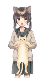 Rule 34 | 1girl, animal, animal ear fluff, animal ears, black hair, blush, brown eyes, brown shirt, cat, cat ears, commentary request, fang, feet out of frame, green eyes, green sailor collar, green skirt, highres, holding, holding animal, long hair, long sleeves, looking at viewer, low twintails, midorikawa you, open mouth, original, pleated skirt, sailor collar, shirt, simple background, skirt, sleeves past wrists, solo, standing, twintails, v-shaped eyebrows, white background