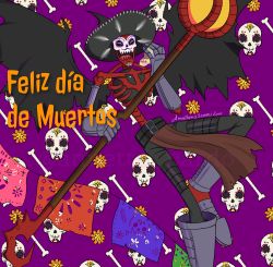 Rule 34 | 1boy, absurdres, artist request, bat wings, demon, demon wings, dia de muertos, digimon, digimon (creature), highres, holding, holding weapon, laughing, looking at viewer, makeup, mariachi, mexico, scar, skeleton, skull, skullsatamon, spanish text, staff, standing, translated, weapon, wings
