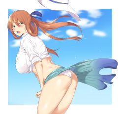 Rule 34 | 1girl, absurdres, ass, blush, breasts, brown hair, girls&#039; frontline, green eyes, hat, highres, large breasts, long hair, official alternate costume, open mouth, panties, solo, springfield (girls&#039; frontline), springfield (stirring mermaid) (girls&#039; frontline), swimsuit, thighs, underwear, urec, white panties, wind, wind lift